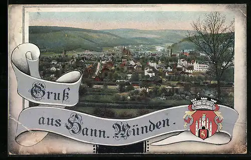 AK Hann. Münden, Generalansicht mit dem Stadtwappen