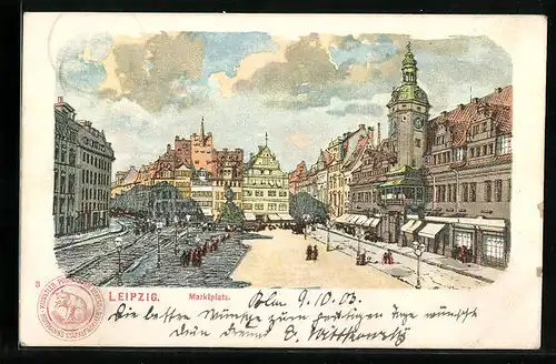 Lithographie Leipzig, der Marktplatz mit dem Rathaus