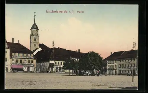 AK Bischofswerda i. S., Buchdruckerei und Apotheke am Marktplatz