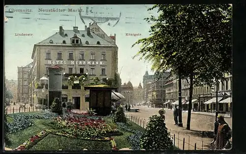 AK Chemnitz, der Neustädter Markt, Blick in die Lindenstrasse und Königstrasse