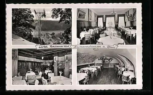 AK Assmannshausen am Rhein, Generalansicht, Hotel Nassauer Hof, in den Gasträumen