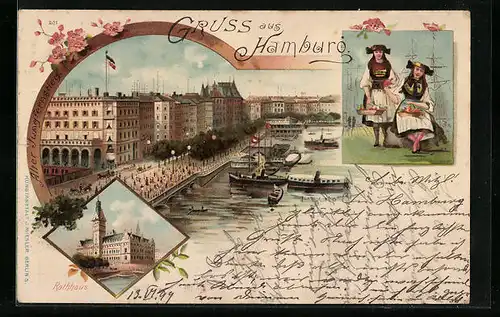Lithographie Hamburg-Harburg, Schiffe im Hafen, das Ratrhaus, Frauen in Trachten