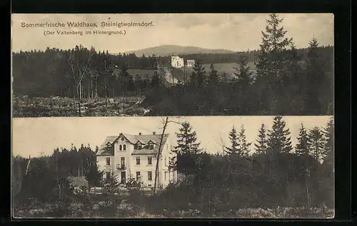AK Steinigtwolmsdorf, Blick auf das Sommerfrische Waldhaus mit dem Valtenberg im Hintergrund