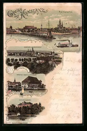 Lithographie Konstanz am Bodensee, an der Hafenmole, Stadtansicht von der Seestrasse, das Conciliumsgebäude