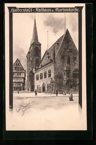 Künstler-AK Carl Jander: Halberstadt, Rathaus und Martinikirche