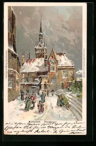 Lithographie München, Anwohner im Schnee vor dem Standesamt
