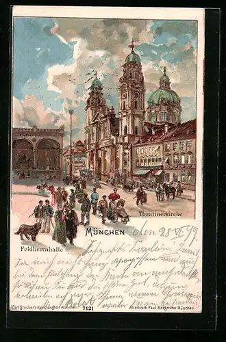 Lithographie München, Passanten vor der Theatinerkirche und Feldherrnhalle