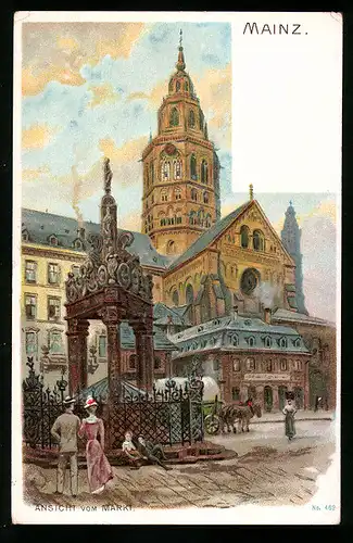 Lithographie Mainz, Passanten auf dem Markt, Blick zum Dom