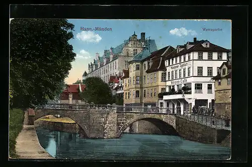 AK Hann. Münden, Werrapartie mit Blick auf Weser-Cafe