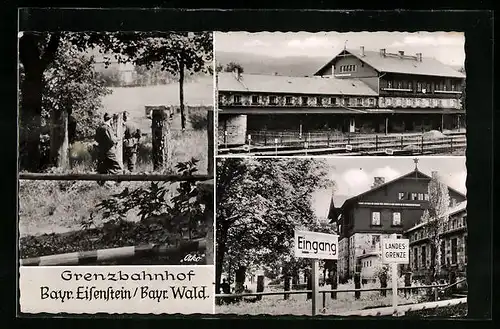AK Bayr. Eisenstein, Grenzbahnhof mit Landesgrenze