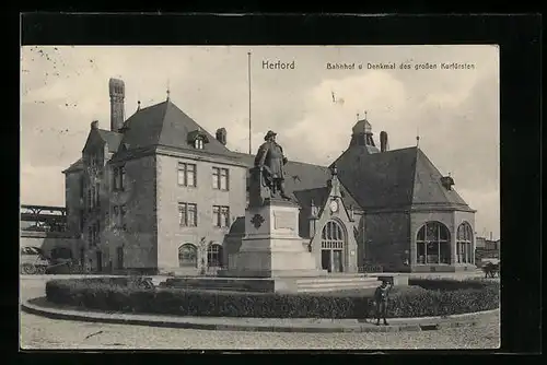 AK Herford, Bahnhof und Denkmal des grossen Kurfürsten