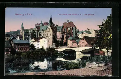 AK Marburg an der Lahn, Universität und Schloss vom Lahnufer gesehen