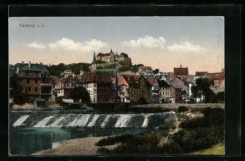 AK Marburg an der Lahn, Wasserschnelle unter der Stadt, Blick zum Schloss