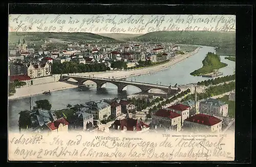 AK Würzburg, Panorama der Stadt mit der Brücke im Vordergrund