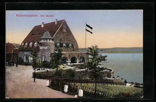 AK Soest i. W., Möhnetalsperre, das Gasthaus Seehof mit Blick auf den Stausee