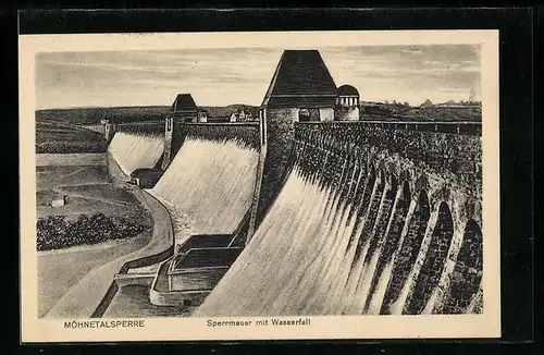 AK Soest i. W., Möhnetalsperre, die Sperrmauer mit Wassefall