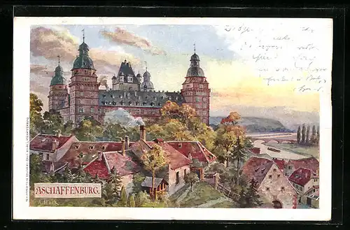 Künstler-AK Aschaffenburg, Blick auf das Schloss über der Stadt