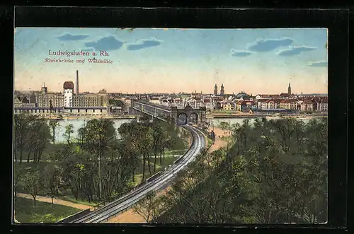 AK Ludwigshafen am Rhein, Blick über die Rheinbrücke auf die Stadt und Walzmühle