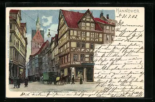Lithographie Hannover, Marktkirche in der Kramerstrasse