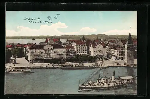 AK Lindau i. B., Blick vom Leuchtturm auf die Stadt, AUsflugsdampfer am Ufer