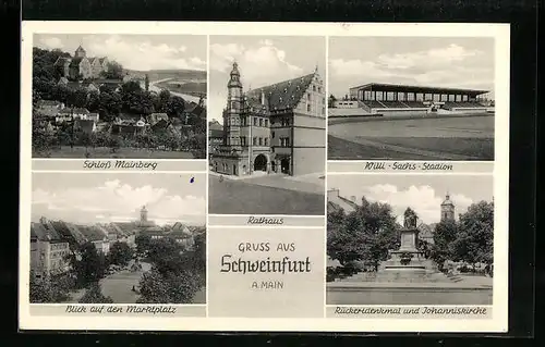 AK Schweinfurt am Main, das Rathaus, Schloss Mainberg, der Marktplatz, Rückertdenkmal