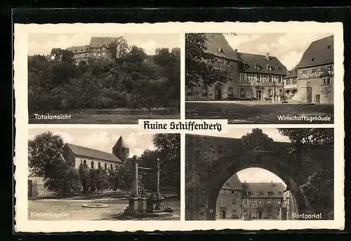 AK Schiffenberg, Totalansicht der Ruine, am Wirtschaftsgebäude, das Nordportal, Klosterkapelle