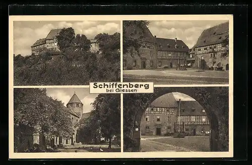 AK Schiffenberg bei Giessen, Blick zur Burg, Tordurchblick auf den Innenhof, alte Fachwerkbauten