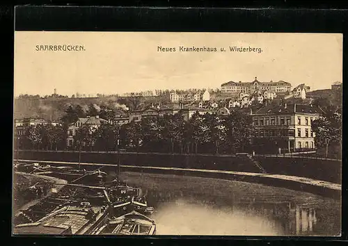 AK Saarbrücken, Blick über die Saar auf das Neue Krankenhaus auf dem Winterberg