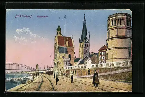 AK Düsseldorf, Passanten am Rheinufer