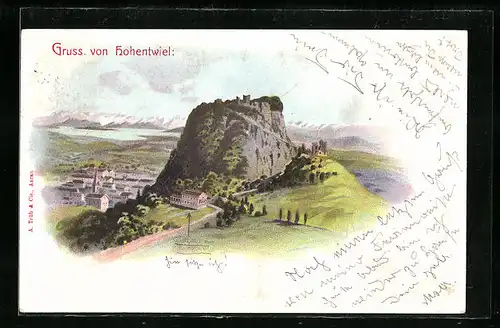 Lithographie Hohentwiel, Generalansicht mit der Burgruine auf dem Felsen