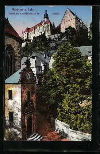 AK Marburg a. d. Lahn, Partie am Lutherkirchhof mit dem Schloss