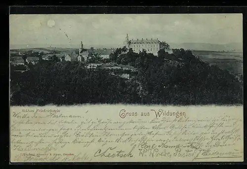 Mondschein-AK Wildungen, Blick auf das Schloss über der Stadt