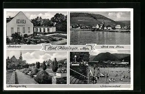 AK Bad Hönningen am Rhein, Badehaus, Rosengarten, Schwimmbad, Blick vom Rhein