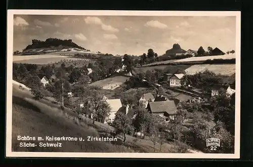 AK Schöna /sächs. Schweiz, Ortsansicht mit Kaiserkrone und Zirkelstein