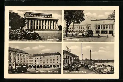 AK Dessau, Landestheater, Hauptbahnhof, HO-Gaststätte Kornhaus