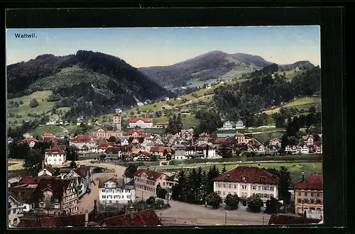 AK Wattwil, Ortsansicht auf Kirche, Häuser und Umgebung