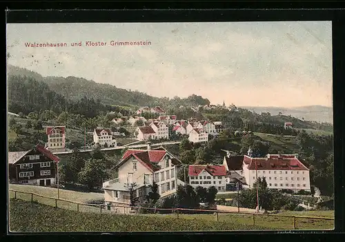 AK Walzenhausen, Ortsansicht aus der Vogelschau mit Blick auf das Kloster Grimmenstein