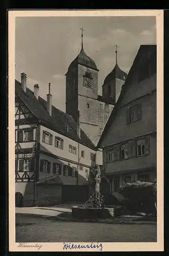 AK Wiesensteig, Blick zur Kirche mit Brunnen