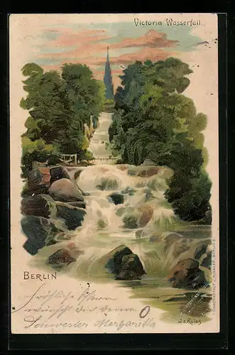 Künstler-AK Berlin-Kreuzberg, Wasserfall im Victoriapark