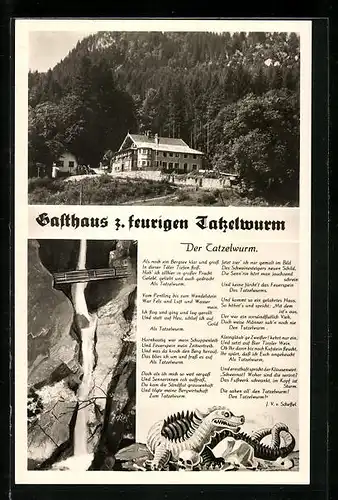 AK Oberaudorf, Gasthaus z. feurigen Tatzelwurm, Wasserfall, Gedicht