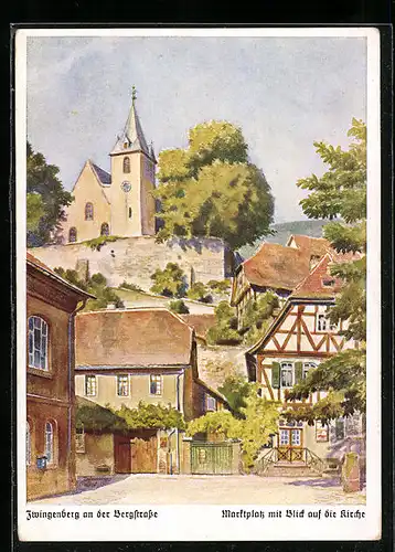 AK Zwingenberg an der Bergstrasse, Marktplatz mit Blick auf die Kirche