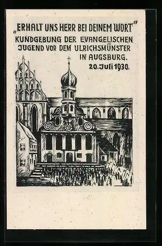 Künstler-AK Augsburg, Kundgebung der evangelischen Jugend vor dem Ulrichmünster