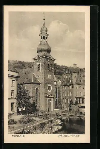 AK Montjoie, Evangel. Kirche, Fluss mit Brücke