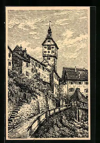 Künstler-AK Schwäbisch Hall, Badtörle mit Josenturm