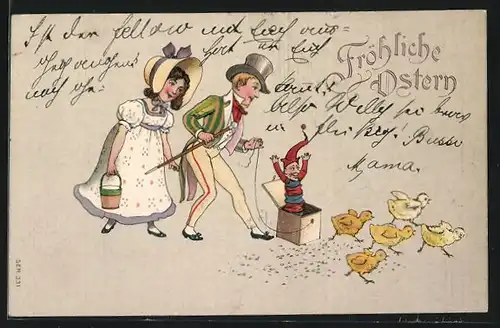 Präge-AK Springteufel erschreckt Osterküken