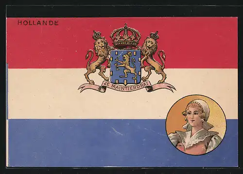 AK Holland, Wappen und Flagge des Landes, Holländerin in Tracht