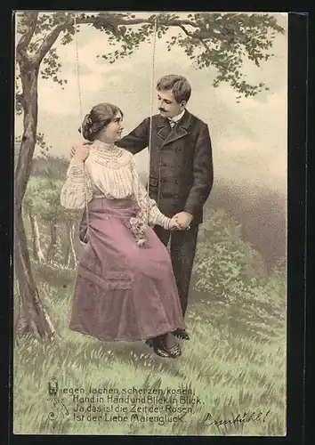 AK Zij rusten uit van`t vrolijk spel.., Liebespaar und Schaukel