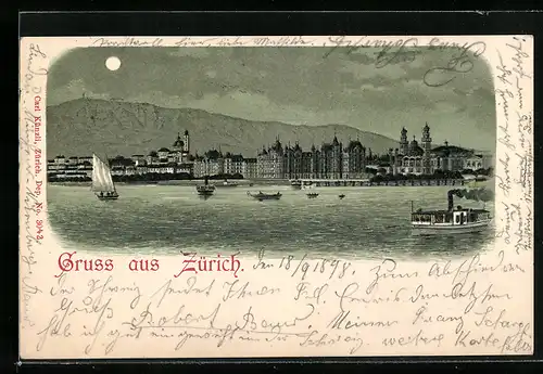 Mondschein-Lithographie Zürich, Stadt vom See betrachtet, Dampfer