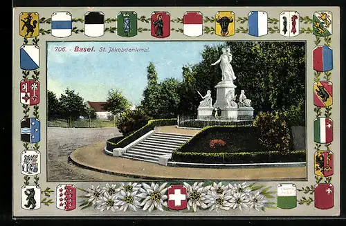 AK Basel, St. Jakobdenkmal, Wappen der Kantone