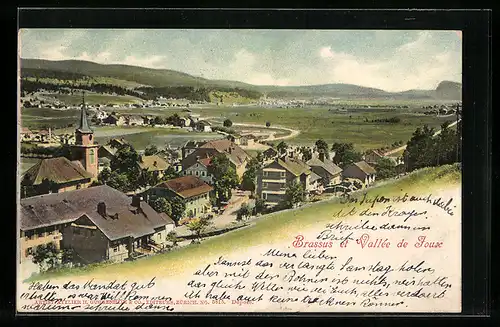 AK Brassus, Blick von Hang auf Kirche, Häuser und Landschaft, Vallee de Joux